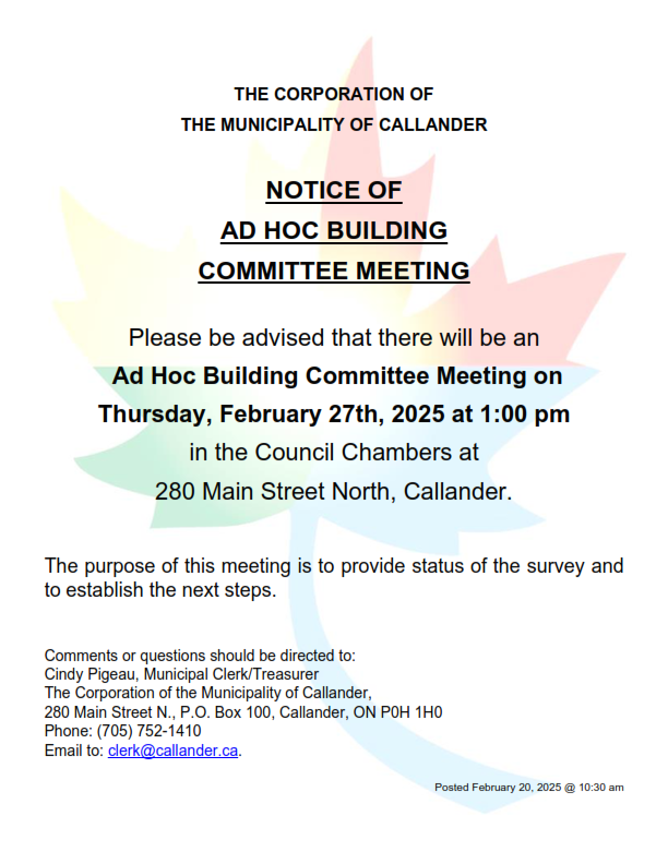 NOTICE: AD HOC Committee Meeting on  Thursday, February 27th, 2025 at 1:00 pm 